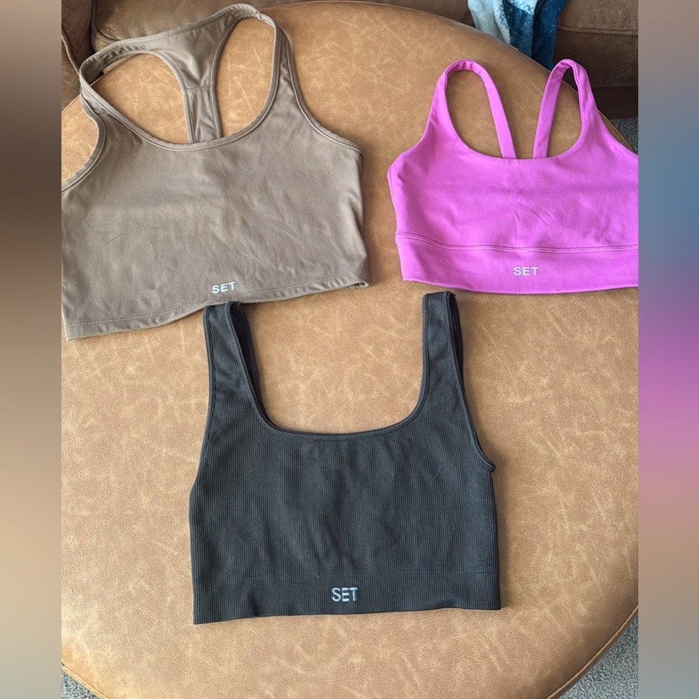 SET Active sports bra in light brown, fuchsia, and dark brown. Size S